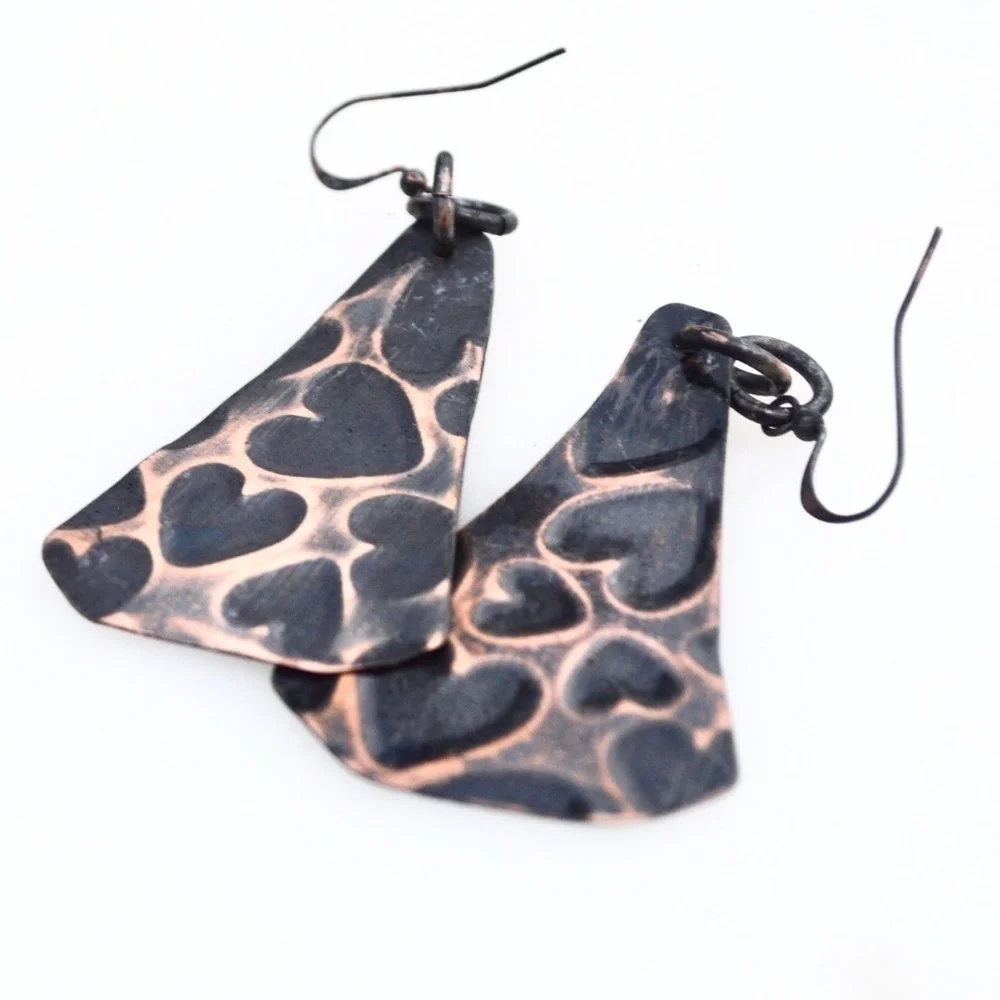 Heart Hearts Solid Copper Embossed Patina Earrings